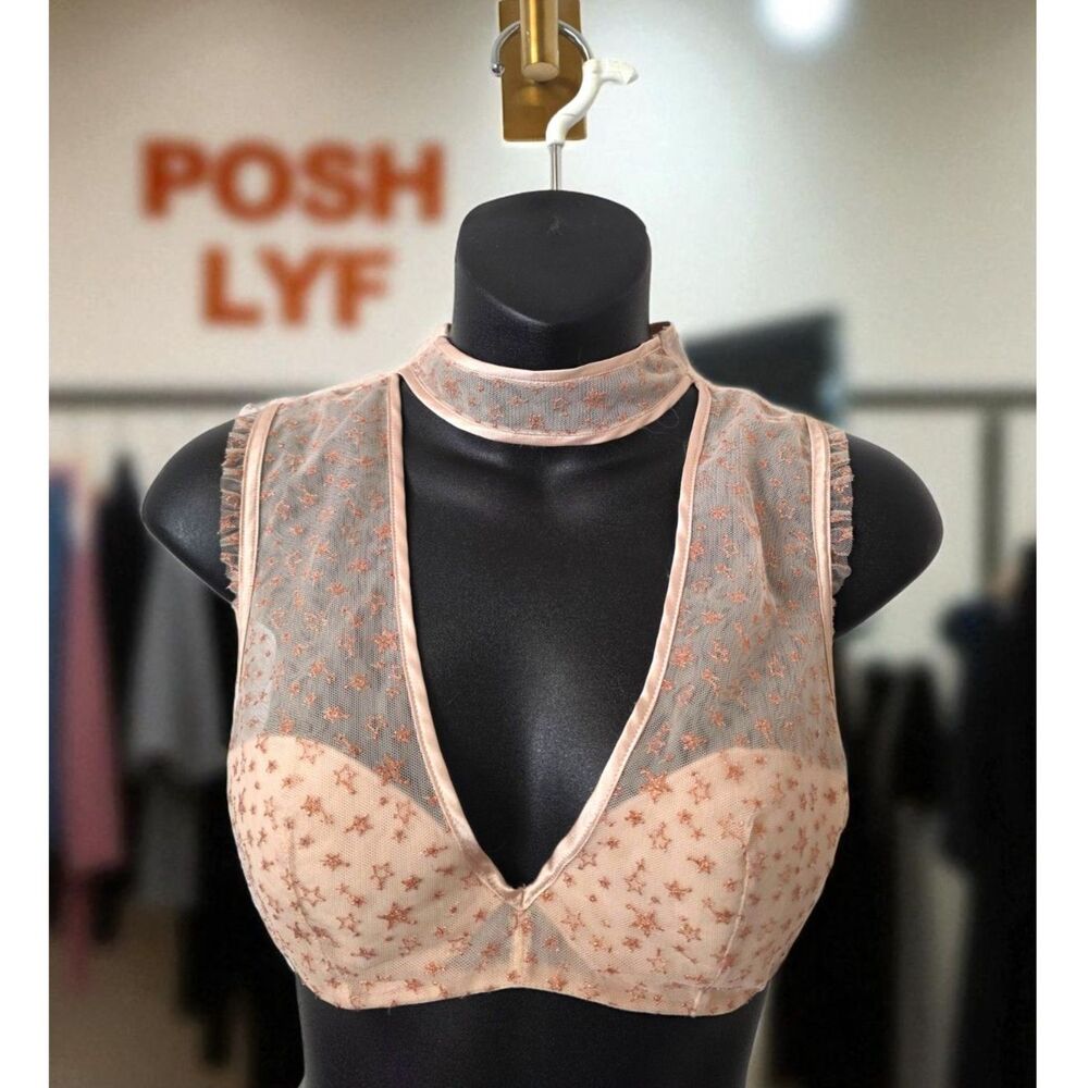 Victoria's Secret Small Halter Neck Mesh Bra Rose Gold Stars Lined Plunge